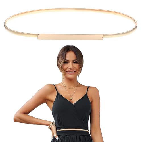 Gsbnjuy Skinny Metal Cinch Belt for Dress Fashion Retro Stretch Thin Waist Belt with Metal Buckle Gold Waistband Elastic Chain Belts for Women Girls