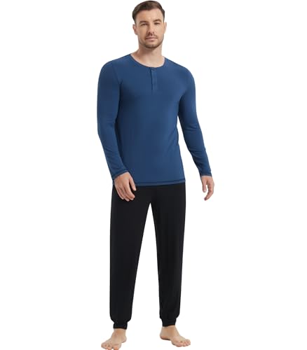 Image of NACHILA Mens Pajamas Set Long Sleeve Henley Sleepwear Top Soft Jogger Pants Pajamas Cool Pjs Set,Viscose Made from Bamboo