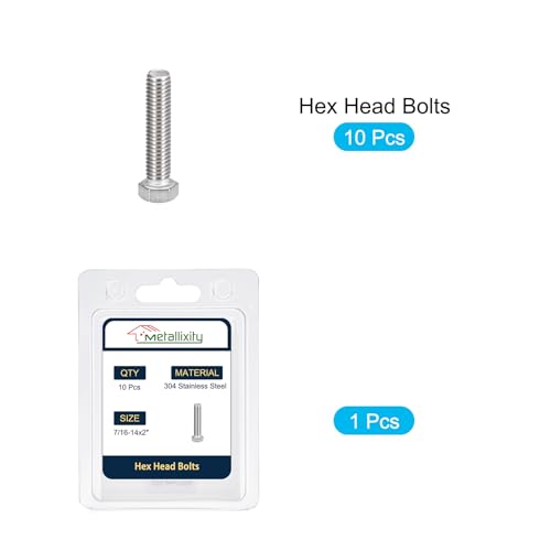 Image of METALLIXITY Hex Head Bolts (7 /16-14 x 2 inch) 10Pcs, 304 Stainless Steel 18-8, Fully Threaded, External Hex Drive, Plain Finish, Hex Head Screw Bolt, Silver