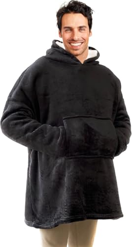 L22G Plaid a Capuche Femme & Homme Taille 118 x 85 cm Grand Sweat à Capuche, Couverture Sweat Plaid Avec Grande Poche,Tissu Sherpa Doux et Chaud (Noir)