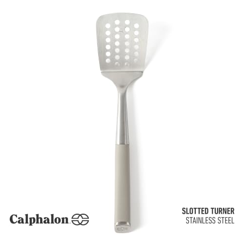 Image of Calphalon Slotted Turner, Kitchen Flipping Spatula, Slotted Spatula, Stainless Steel Turner with Silicone Heat Resistance Handle, Nonstick-Safe Spatula for Draining and Flipping (Taupe)