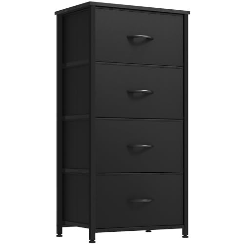 YITAHOME Storage Tower with 4 Drawers - Fabric Dresser, Organizer Unit for Bedroom, Living Room, Closets - Sturdy Steel Frame, Easy Pull Fabric Bins & Wooden Top Cool Black 4-Drawer