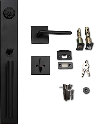 Image of Berlin Modisch Full Escutcheon HandleSet Front Door Entry Handle and Deadbolt Lock Set Slim Square Single Cylinder Deadbolt and Lever Heavy Duty - Oil Rubbed Bronze Finish