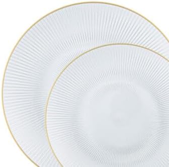 PLASTICPRO 96 Piece Translucent Pink With Gold Rim Glass Collection Combo Plastic Dinner Plates Disposable Plastic Heavy Party Dishes 48, 7'' inch and 48, 9'' inch, Translucent Pink With Gold Rim