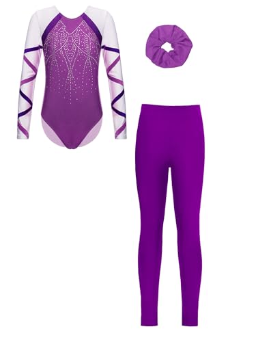 JEATHA Maillot De Gimnasia Ritmica para Niña Leotardo Manga Larga Y Leggings Cortos De Elásticos + Banda para El Cabello Morado 7-8 años