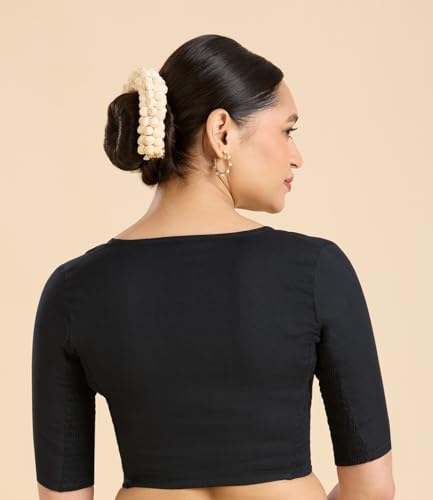 Image of Studio Shringaar Women's Thick Handloom Cotton Plain Side Stretch (Smocked) Readymade Saree Blouse
