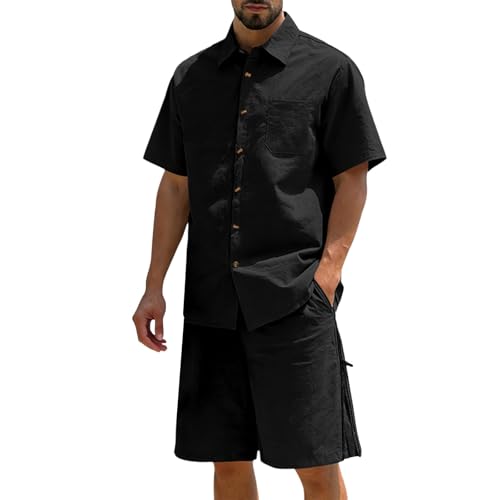 Survêtement homme lin short et chemise manches courtes tenue été décontractée col rabattu