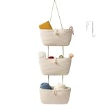 TeoKJ Over the Door Hanging Baskets with Button Strap, 3-Tier Woven Cotton Storage Organizer Bag, Wall-Mounted with Hook Decorative Hanging Kitchen Baskets - White