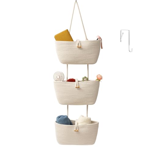 TeoKJ Over the Door Hanging Baskets with Button Strap, 3-Tier Woven Cotton Storage Organizer Bag, Wall-Mounted with Hook Decorative Hanging Kitchen Baskets - White
