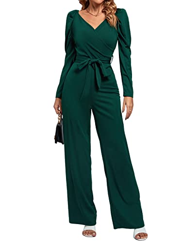 Lyaner Women's One Piece Outfit Long Sleeve Wrap V Neck Blazer Jumpsuit Long Romper Dark Green Medium #TOP5