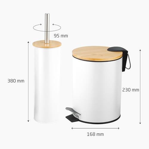 Amig - Set aus Mülleimer und WC-Bürstenhalter Naturline - Ø168 x 230 mm - Edelstahl und Bambus - Farbe Weiß - Kompaktes und abgestimmtes Bad-Set - Ideal für Moderne und natürliche Räume