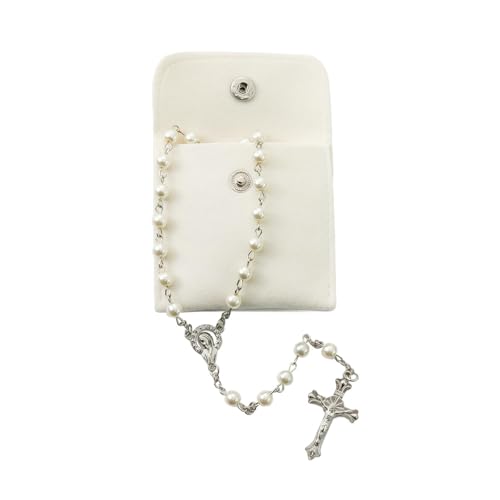 Rosario Católico de Cuentas, Collar de Rosario con Cruz Católica, Collar de Rosarios de Comunión, con Bolsa de Regalo de Terciopelo, para Bautismo Comunión Boda Fiesta de Comunión (A)