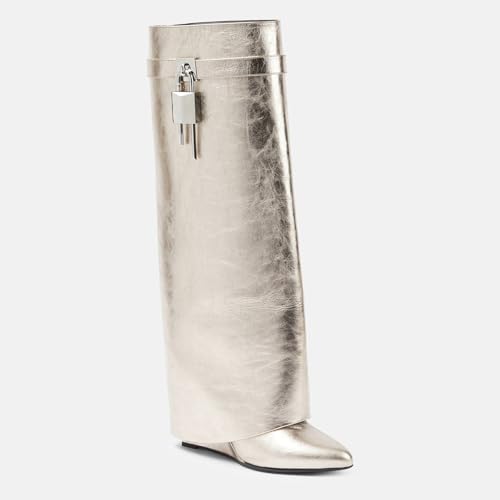 Image of Arqa Knee High Boots Womens Wedge High Heels Shark Boots Fold Over Pull-on Pointed Toe Tall Fashion Boots for Women