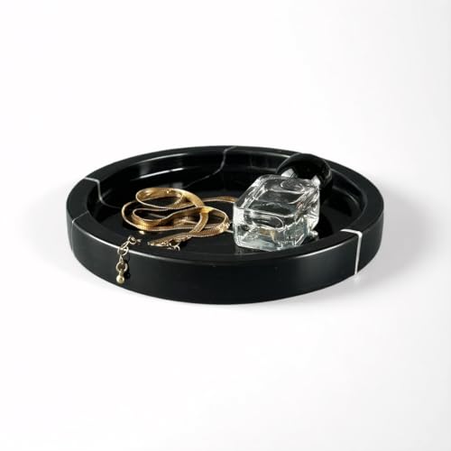 EXCHUES Marble Tray - 6" Jewelry Dish & Vanity Decor, Natural Stone Tray for Bathroom Kitchen Countertop, Small Trinket & Ring Organizer for Brides & Home (Black Marquina Round) by EXCHUES - Used condition - US$16.12