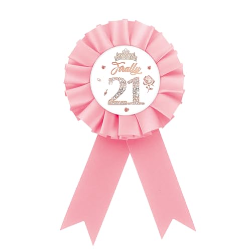 Image of Finally 21 Tinplate Badge, Happy 21st Birthday Button, Rose Gold Crown Badge Pin for Women, Diamond Brooch Buttons for Twenty One Birthday Party
