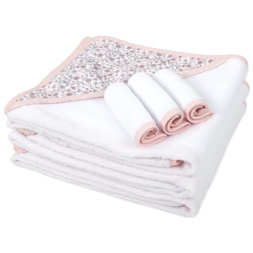 Image of Jessica Simpson Baby 6-Piece Hooded Towel & Washcloth Set - Soft Polyester Baby Bath Towels - Pink & Green Floral Design (Pink Floral & Bows)