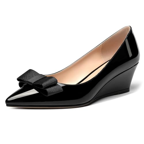 MODENCOCO Women's Slip On Pointed Toe Bow Patent Wedge Low Heel Pumps Evening Wedding Party Dress Shoes 2 Inch