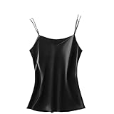 Satin Tank Tops Womens Camisole Sleeveless V Neck Spaghetti Strap Going Out Cami Shirts Loose Comfy Solid Blouses Black