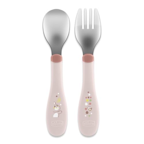Chicco Posatine Inox, Posate Bambini, Set Pappa, Forchetta e Cucchiaio per Bambini, in Acciaio Inossidabile, Facili da Impugnare, Set Svezzamento Prima Pappa, 2 Pezzi, 18M+, Rosa