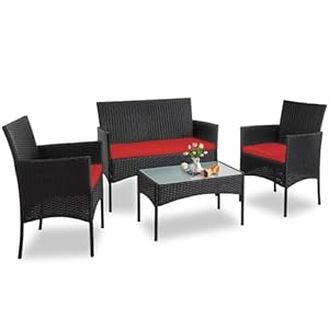 PROHIKER 4 Piece Outdoor Wicker Patio Conversation Furniture Set, Rattan Chair Wicker Sofa Garden Conversation Sets with Cushion and Glass Table for Yard Pool or Backyard, Black/Red