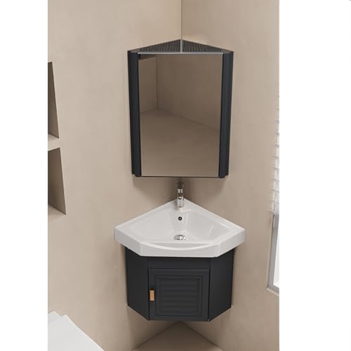 Lavabo de baño montado en la pared con gabinete, tocador compacto de esquina para invitados, lavabo flotante diseño delgado para caravanas, elegante armario de espejo incluido