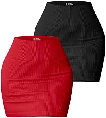 OQQ Women's 2 Piece Basic Versatile Stretchy Ribbed Casual High Waist Mini Skirt, Black Red, Large