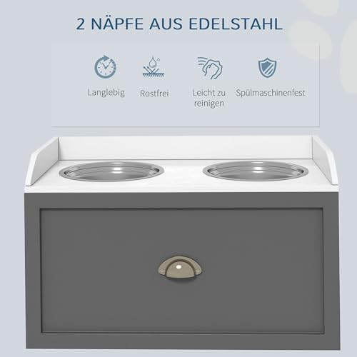 PawHut Erhöhter Hundenapf Futternapf mit Ständer Fressnapf mit Schublade, 2 Edelstahlnäpfen Futterstation für große Hunde, 36 cm Hoch, Grau