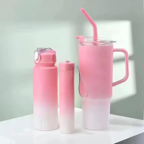 Image of Large Handle Water Bottle with Straw for Desk, Office, Travel - 1200 /900 /300 ML Gradient & Matte Hydration Bottle Set (Pink)