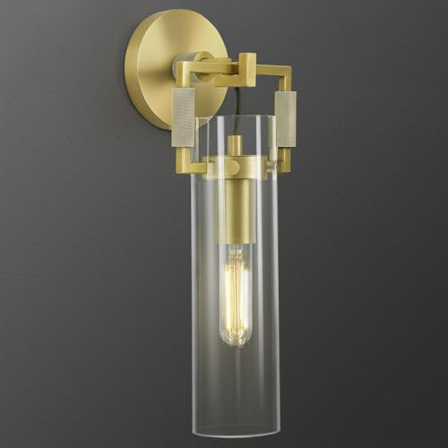 Image of Modern Brass Wall Sconces,15.3'' Hardwired Wall Sconce with Knurled,Farmhouse Indoor Bathroom Sconce,Gold Vanity Lights for Bathroom,Glass Wall Sconce for Living Room,Bedroom,Hallway,Staircases