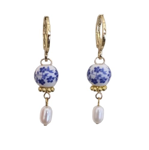 Blue Porcelain Genuine Freshwater Pearl Gold Huggie Earrings Blue White Floral Porcelain Pearl Earrings Small Hoop Earrings