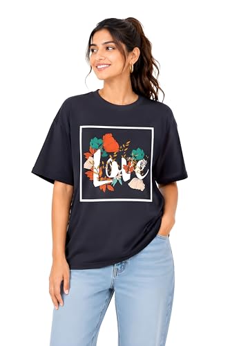 Image of Amazon Brand - Anarva Women Oversized Graphic Printed T Shirt 100% Cotton Drop Shoulder Loose Fit Baggy Casual Tshirt for Girls