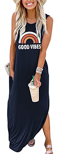 Image of Good Vibes Rainbow Graphic Dress Womens Sleeveless Pocket Maxi Dress Hawaiian Beach Tank Dress