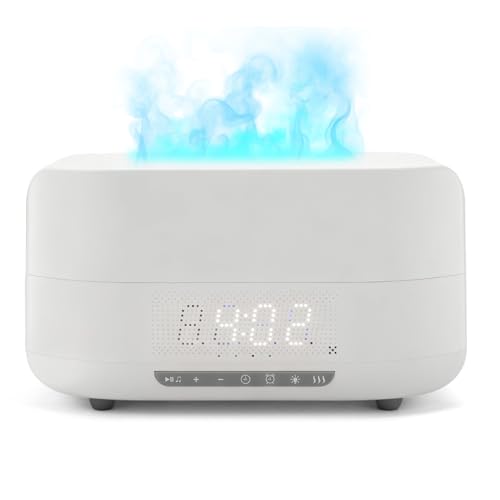 Difusor de Aroma 3D Llama, humidificador con luz de Llama de 400 ml con Altavoz Bluetooth, Reloj, luz Nocturna LED de 7 Colores y Mando a Distancia, difusor de Aceite Esencial para hogar (Blanco)