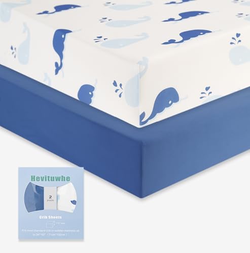 Image of Hevituwhe Baby Bed Sheets for Crib boy Set Organic Portable Jersey Fitted Baby Bed Cute Dolphin with The Waves and Heart Like Being Underwater World and Navy Blue Pattern 2-Pack