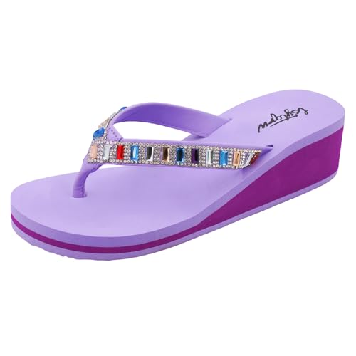 Wedge Sandals For Women Ultra Soft Cushion Thong Sandals Bling Rihinestones High Heel Arch Support Fashion Ladies Beach Walking Slides Girls Slip-on Casual Platform Flip Flops 6 Purple