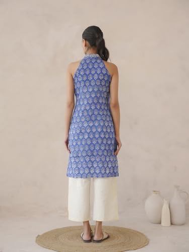 Image of GOODHAND Chic Cotton Halter Kurti with Timeless Block printsPerfect for Casual outings or Festive Flair-Where Traditional Charm Meets Modern Silhouette