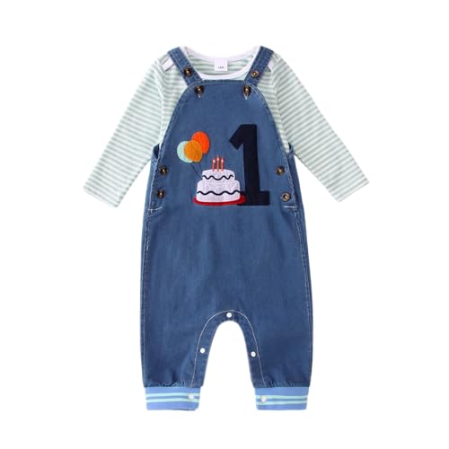 Jungen 1. Geburtstag Outfit Baby Junge Overall Set Neugeborenen Kleidung Streifen Langarm Strampler Einstellbare Jeans Latzhose mit knöpfe Stickerei Drucker Bekleidungsset(Blau-Kuchen2,12-18Monate)