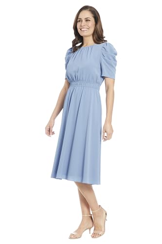Image of London Times Women's Caterpillar Puff Sleeve Midi Dress - Gathered Waist A-Line Flowy Summer Dress