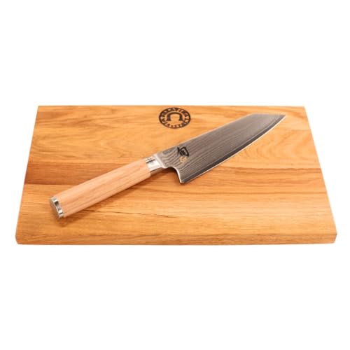 Palatina Werkstatt ® Kai Shun Classic White Kiritsuke, DM-0777W, ultra ostry i limitowany, uniwersalny nóż szefa kuchni 15 cm ostrze z 32-warstwowej stali damasceńskiej + ręcznie wykonana deska dębowa 30 x 18 cm