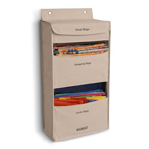 BAGNEAT 3 in 1 Plastic Bag Holder – Separate Plastic Bags, Reusable Bags & Grocery Bags – Over-the-Door or Wall-Mount Storage Organizer