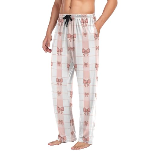 Mens Pajama Pants Pink Bows on Striped Background Soft Lounge Sleep Pant with Pockets Sleepwear PJ Bottoms for Men3
