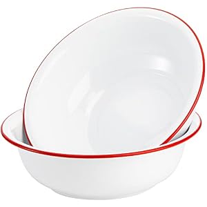 Elsjoy Set of 2 Enamel Bowl, 3 Quart Large Enamel Mixing Bowl White Enamelware with Red Rim, 11 Inch Vintage Enamel Soup Basin for Fruit, Salad, Pasta, Dinner Elsjoy Set of 2 Enamel Bowl 3 Quart Large Enamel Mixing Bowl White Enamelware with Red Rim 11 Inch Vintage Enamel Soup Basin for Fruit Salad Pasta Dinner