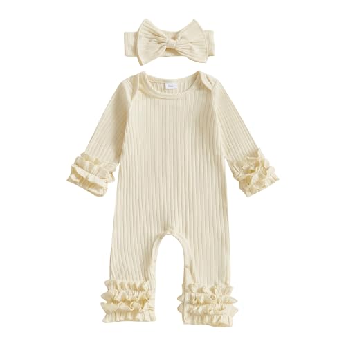 Image of Ursobutegl Newborn Baby Girl Clothes Jumpsuit Ruffle Romper Bodysuit Pants Headband One-Piece Coming Home Hospital Outfits