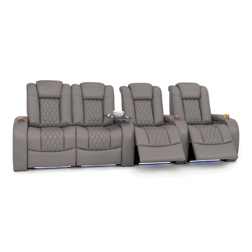 Image of Seatcraft Virtuoso LT Gray Italian Leather Home Theater Seating, Zero Gravity Power Recliner, Heat and Massage, Powered Headrest and Lumbar Gaming and Home Office Chair, Row of 4 Left Loveseats