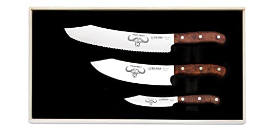 3er Set Kochmesser Brotmesser Universalmesser Gemüsemesser Küchenmesser Fleischmesser Allzweckmesser scharfes Messer Giesser PremiumCut Set No. III Tree of Life BBQ Thuja Wurzelholz Spezialstahl braun