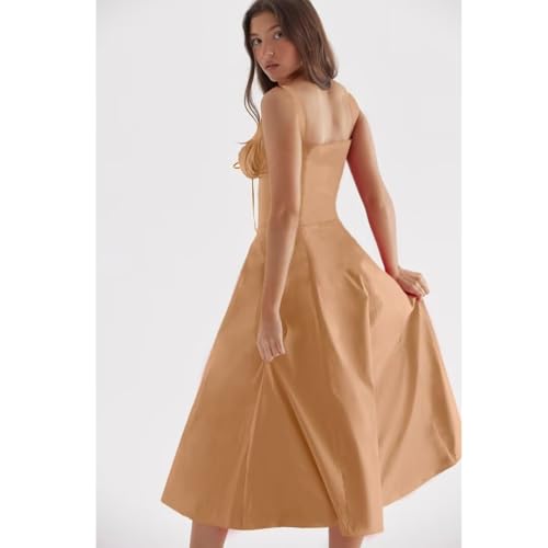 Image of Floral Corset Midi Dress Square Neck A Line Dress with Slit | Square neck floral midi dress with front tie bust wide straps A-line skirt side slit and lightweight fabric