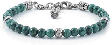 10:10 Bracciale in acciaio inox e pietre naturali di malachite da 6 mm e perle in acciaio inox, bracciale per uomo e donna molto resistente prodotto in Italia.