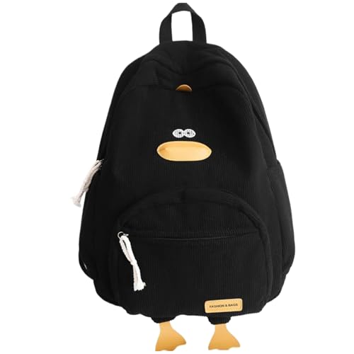 Sac à dos en velours côtelé avec poches multiples et motif canard Kawaii