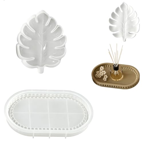 luopeidian Moule Silicone Plateau, Moules Silicones Resine - 2 Pièces Resine Epoxy Plateaux Feuille Monstera et Ovale Perlé pour Dessous de Verre Bijoux Rangement Décoration Artisanale Maison