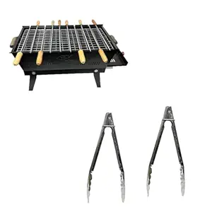 NE GRILLS Portable BBQ Grill & 2 Tong with Pair Of Handle, Food Grill & 10 Skewers | Cast Iron | Ideal for Camping, Hiking, Picnics, and Travel